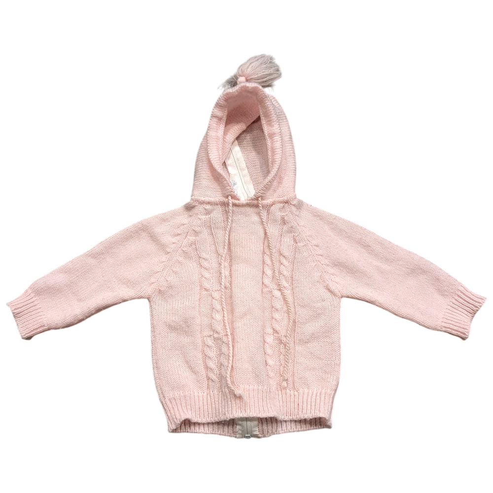 70's Youth Pink Knit Hooded Sweater with Pom Pom